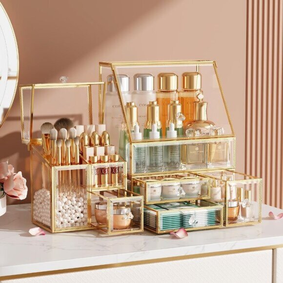 Clear Makeup Organizer with Gold Frame, Vanity Storage for...